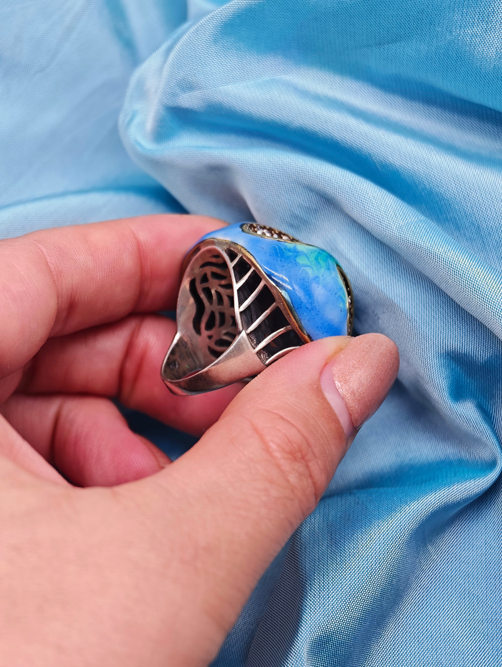 Anello cocktail argento 925 smalti turchese vintage opera d'arte italiana