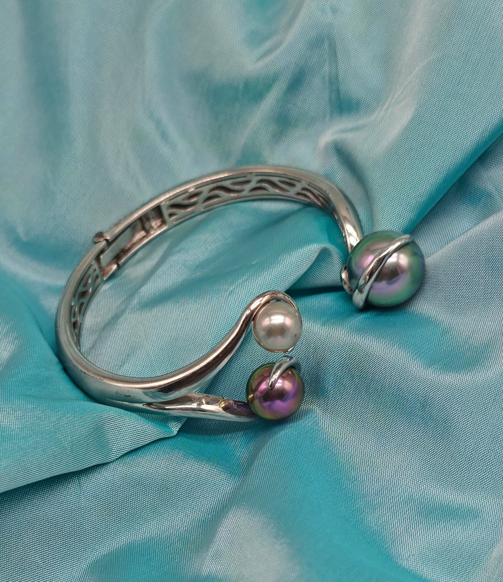 Bracciale rigido argento 925 perle imitazione Tahiti e mari del sud vintage