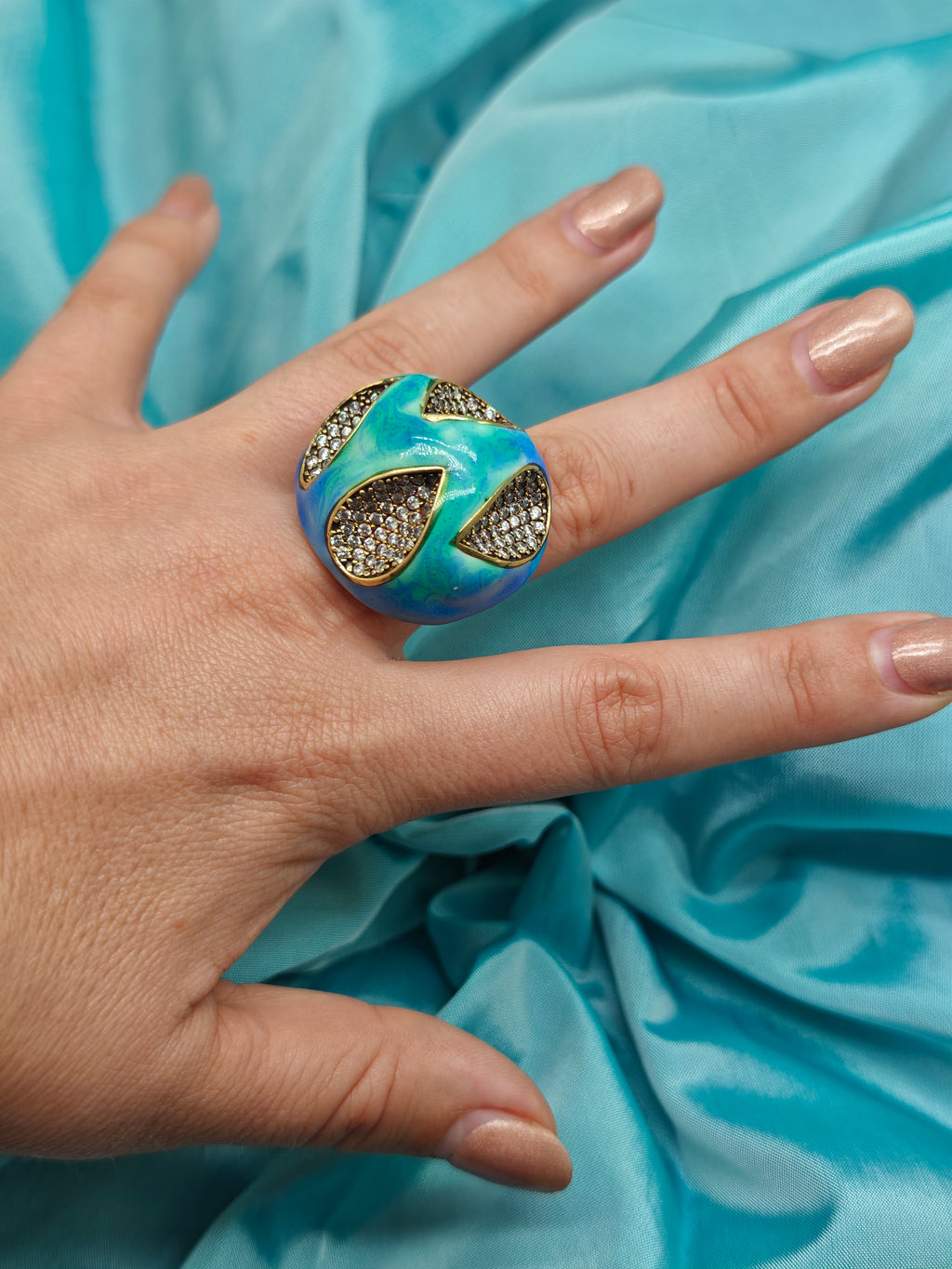 Anello cocktail argento 925 smalti turchese vintage opera d'arte italiana