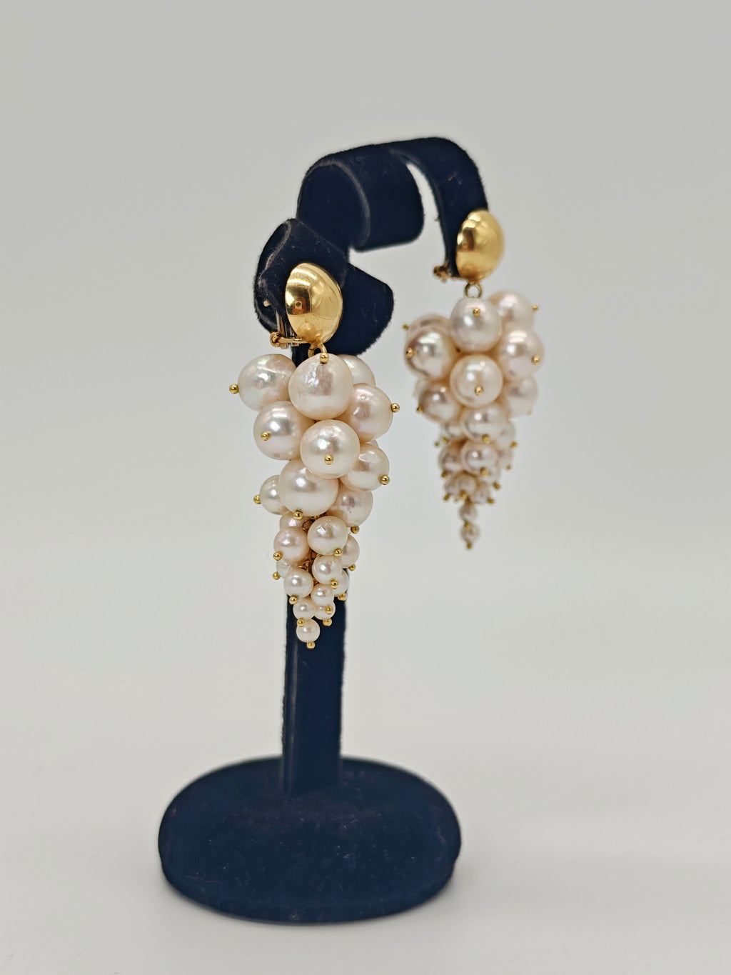 Orecchini perle Akoya oro giallo 18 KT grappolo d'uva vintage pendenti