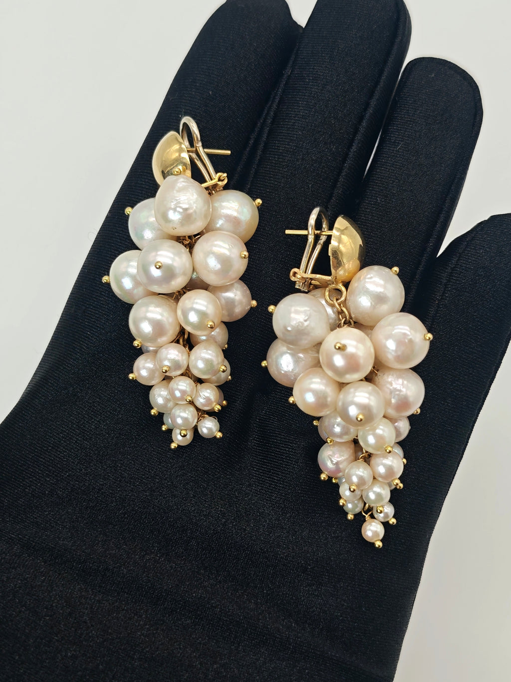 Orecchini perle Akoya oro giallo 18 KT grappolo d'uva vintage pendenti