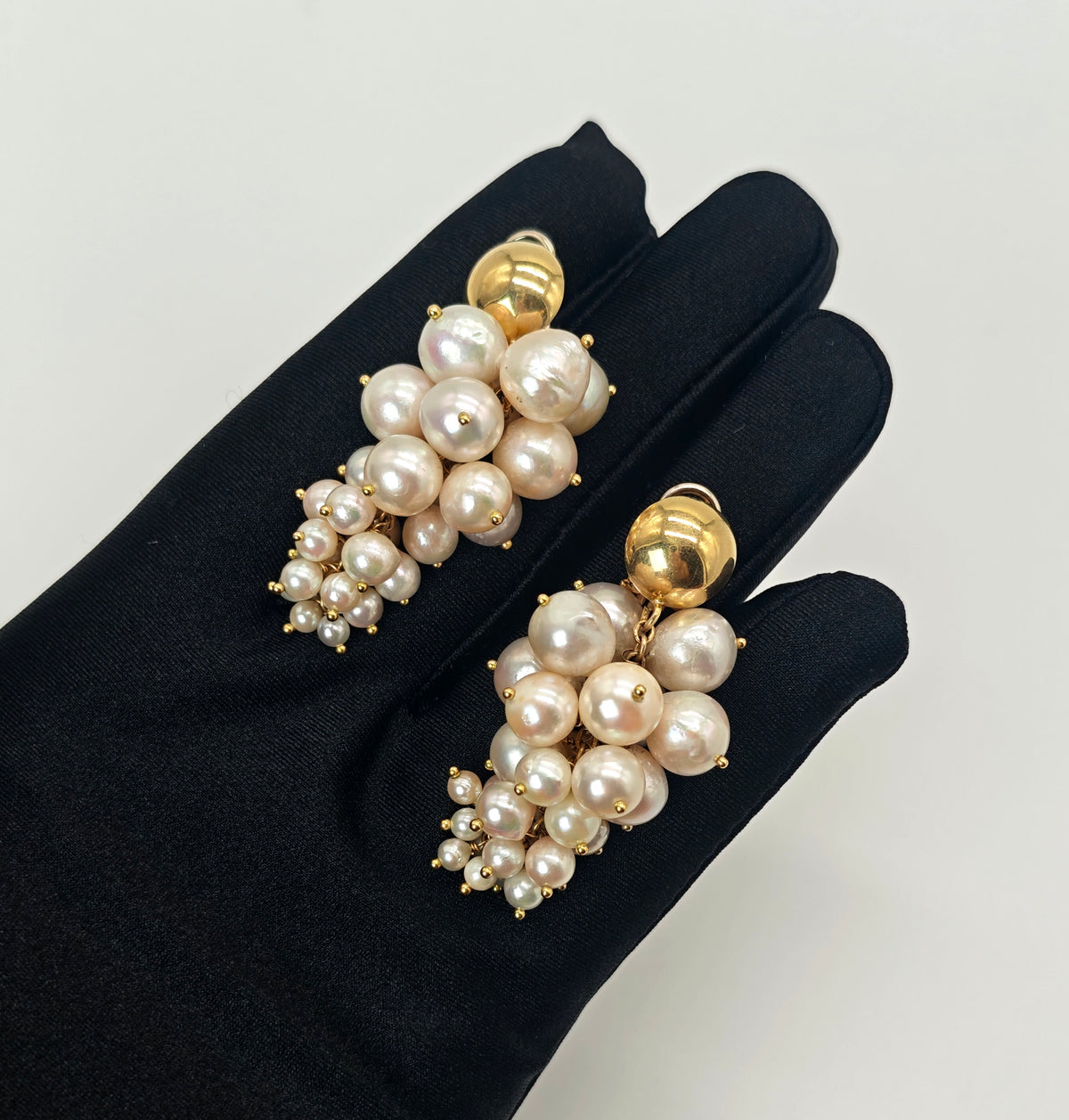 Orecchini perle Akoya oro giallo 18 KT grappolo d'uva vintage pendenti