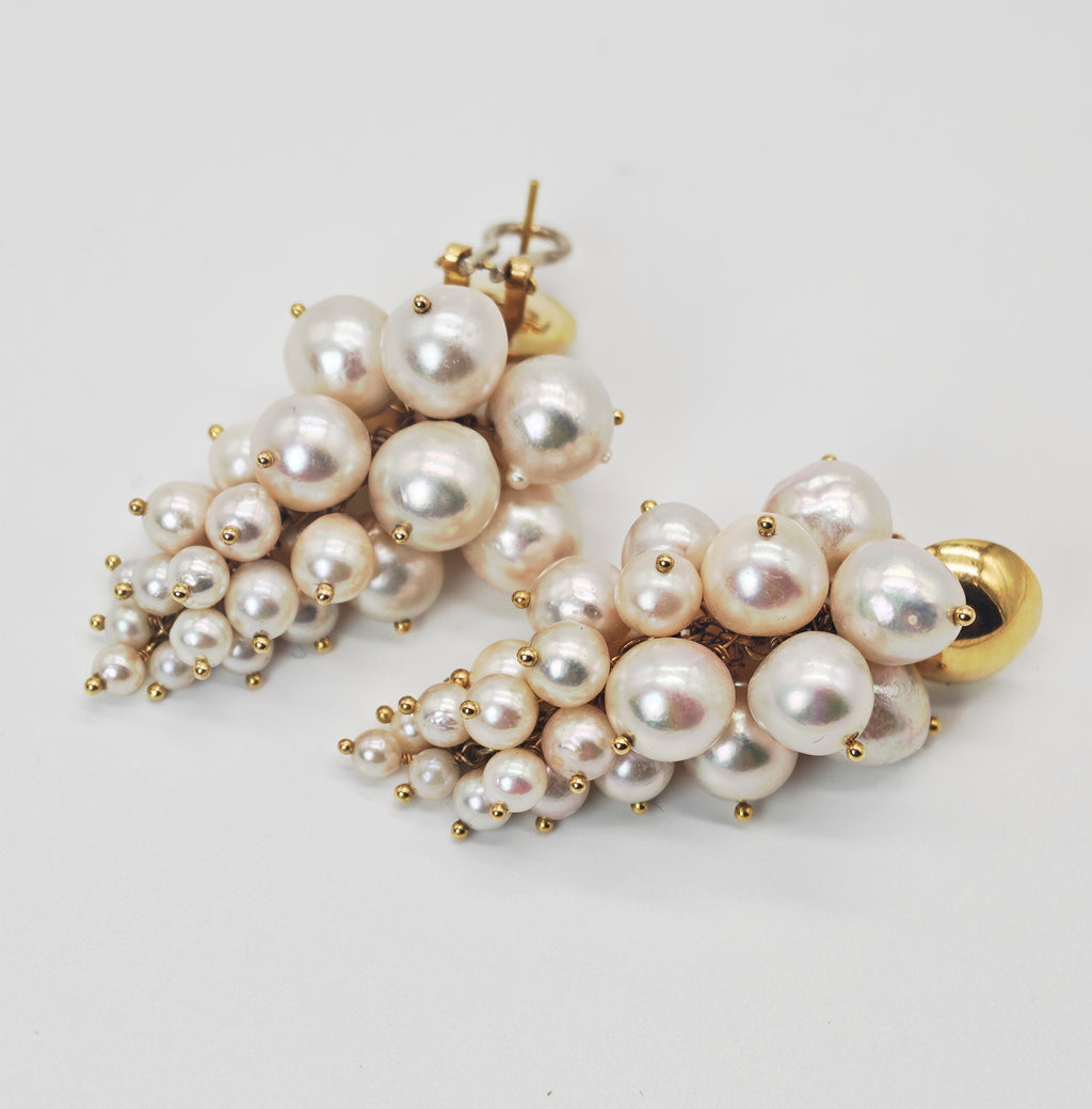 Orecchini perle Akoya oro giallo 18 KT grappolo d'uva vintage pendenti