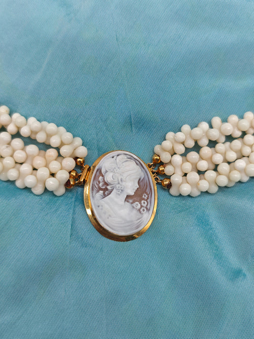 Collana corallo bianco tre fili cameo oro giallo 18 kt vintage gioiello italiano torre del greco