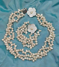 Parure vintage perle coltivate acqua dolce collana e bracciale fiore madreperla acciaio