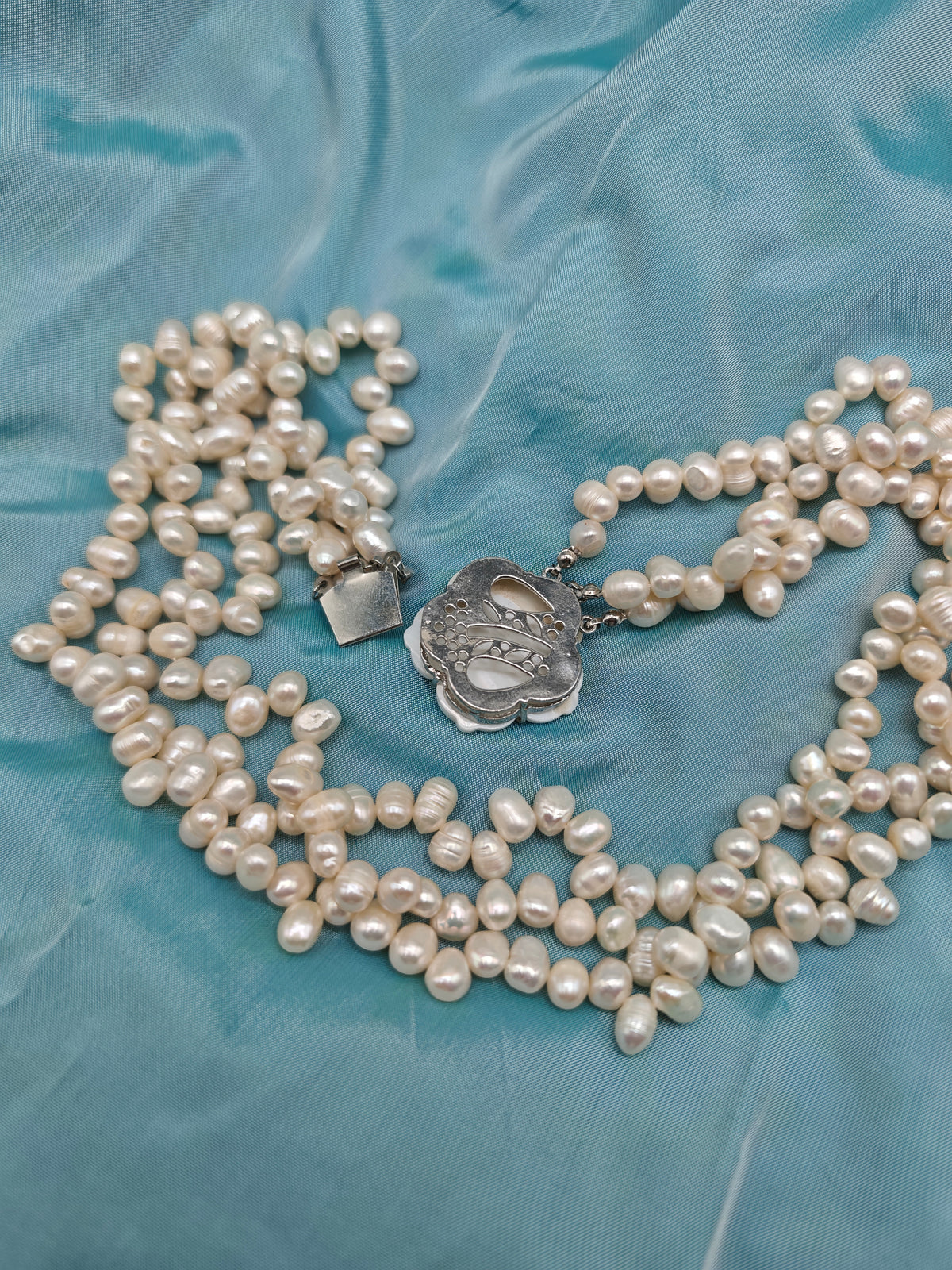Parure vintage perle coltivate acqua dolce collana e bracciale fiore madreperla acciaio