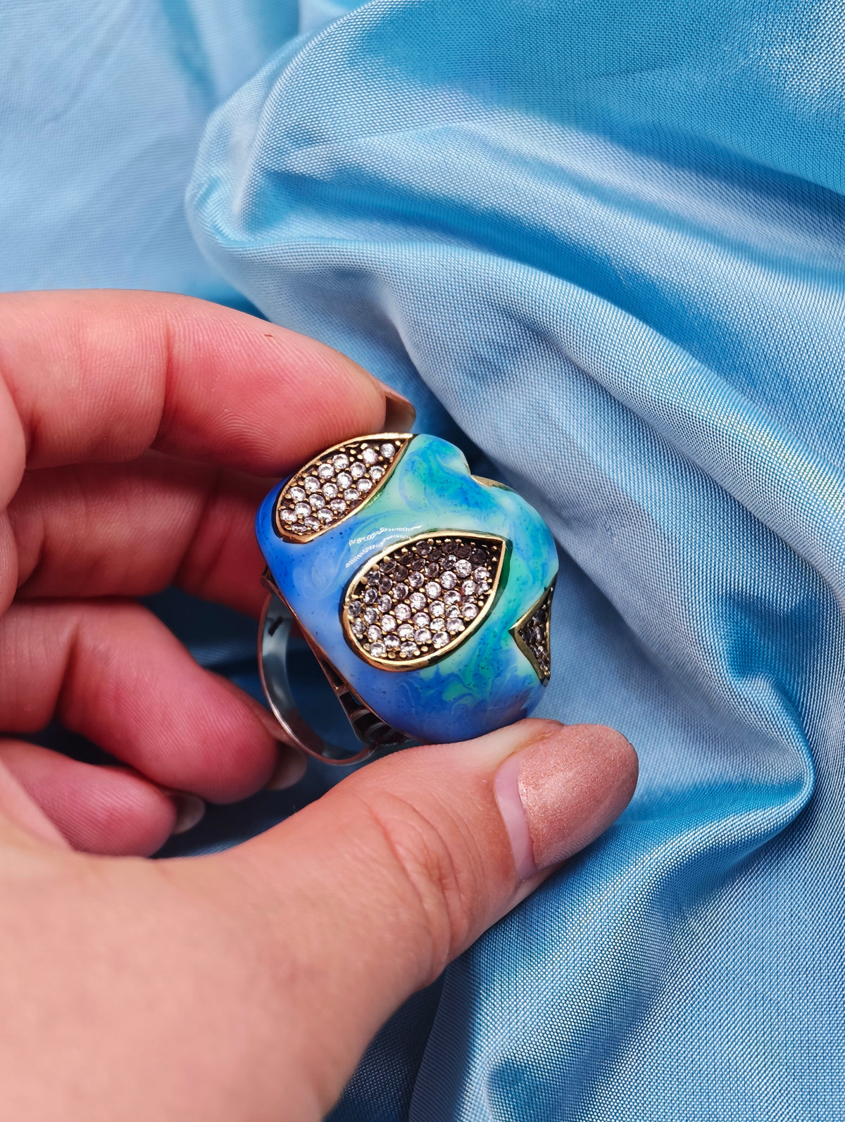Anello cocktail argento 925 smalti turchese vintage opera d'arte italiana