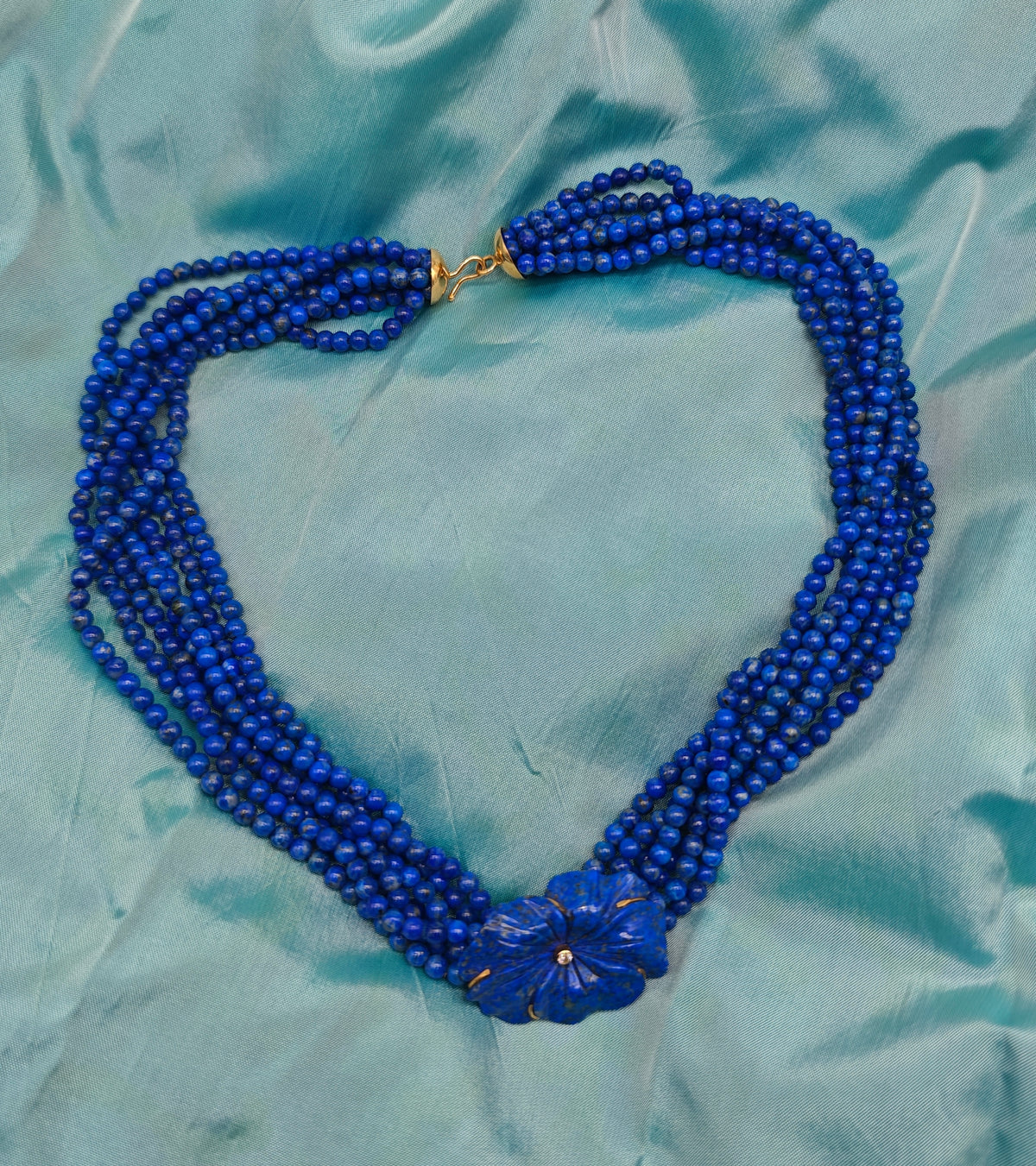 Collana multi filo lapislazzuli oro giallo 18 KT diamante vintage