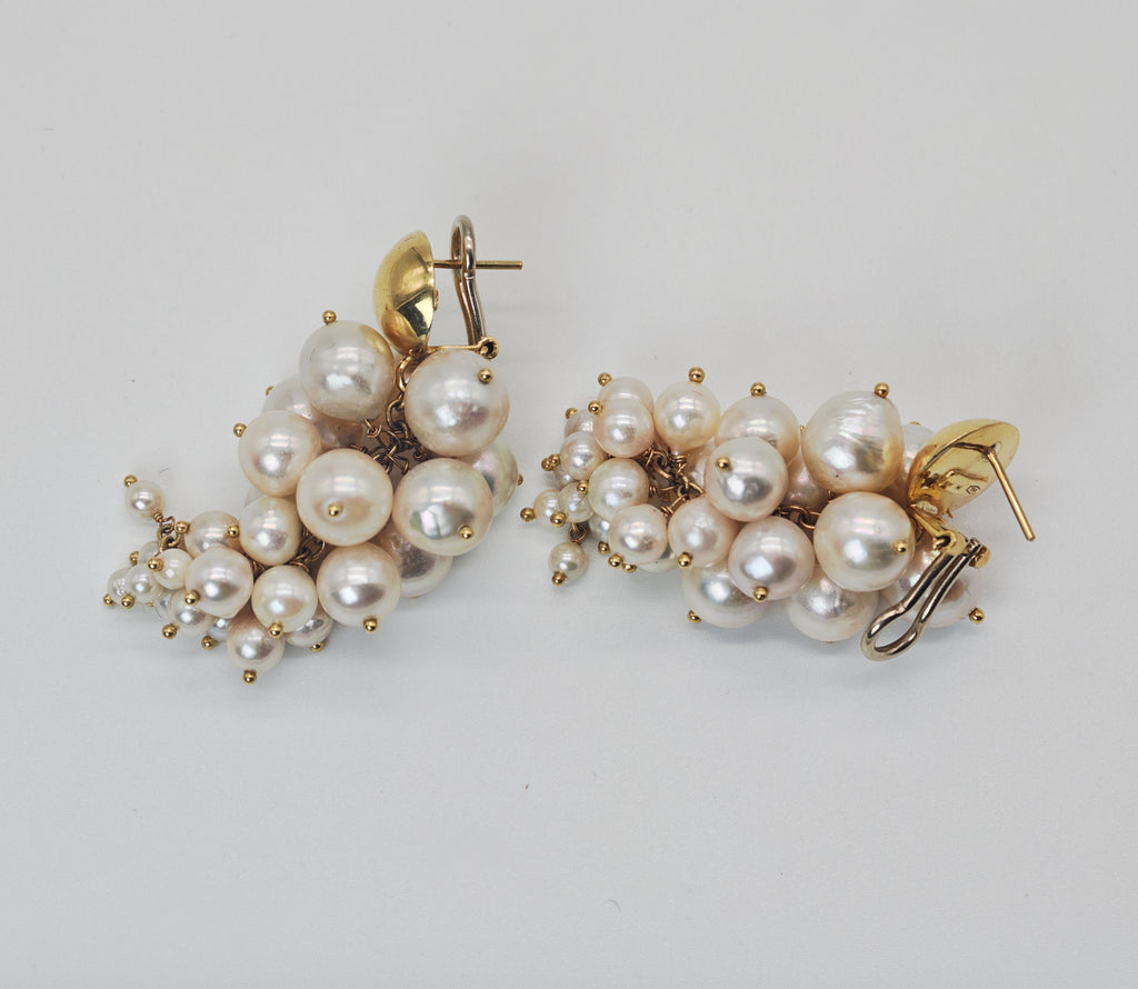 Orecchini perle Akoya oro giallo 18 KT grappolo d'uva vintage pendenti
